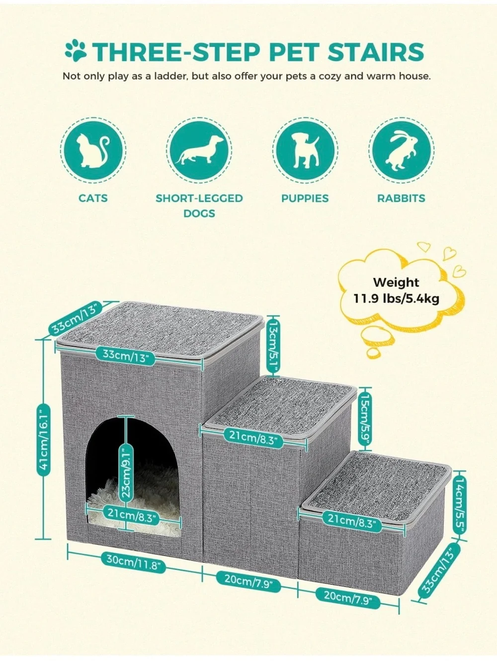 Gray Pet Stairs with Cozy Cubby - Soft-Step Dog Steps